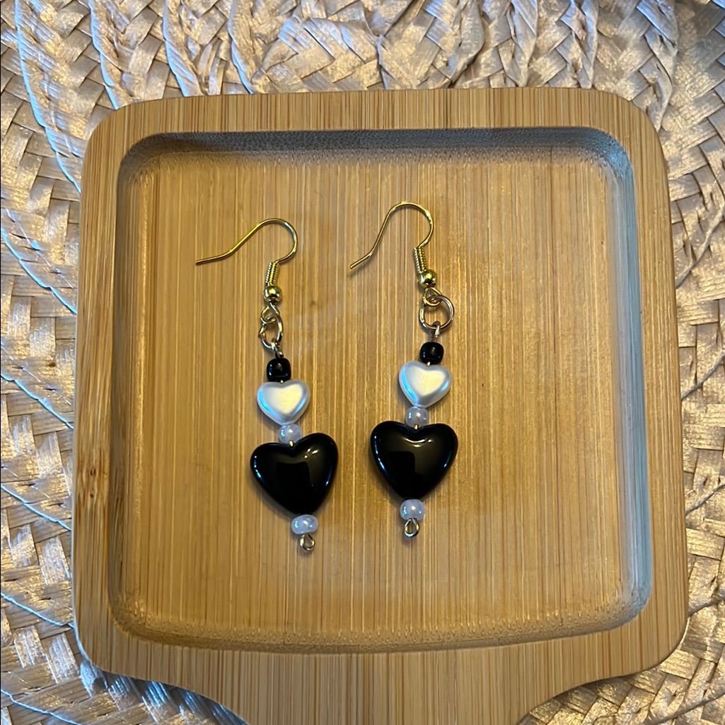 Black And White Heart Earrings With Metallic Accents